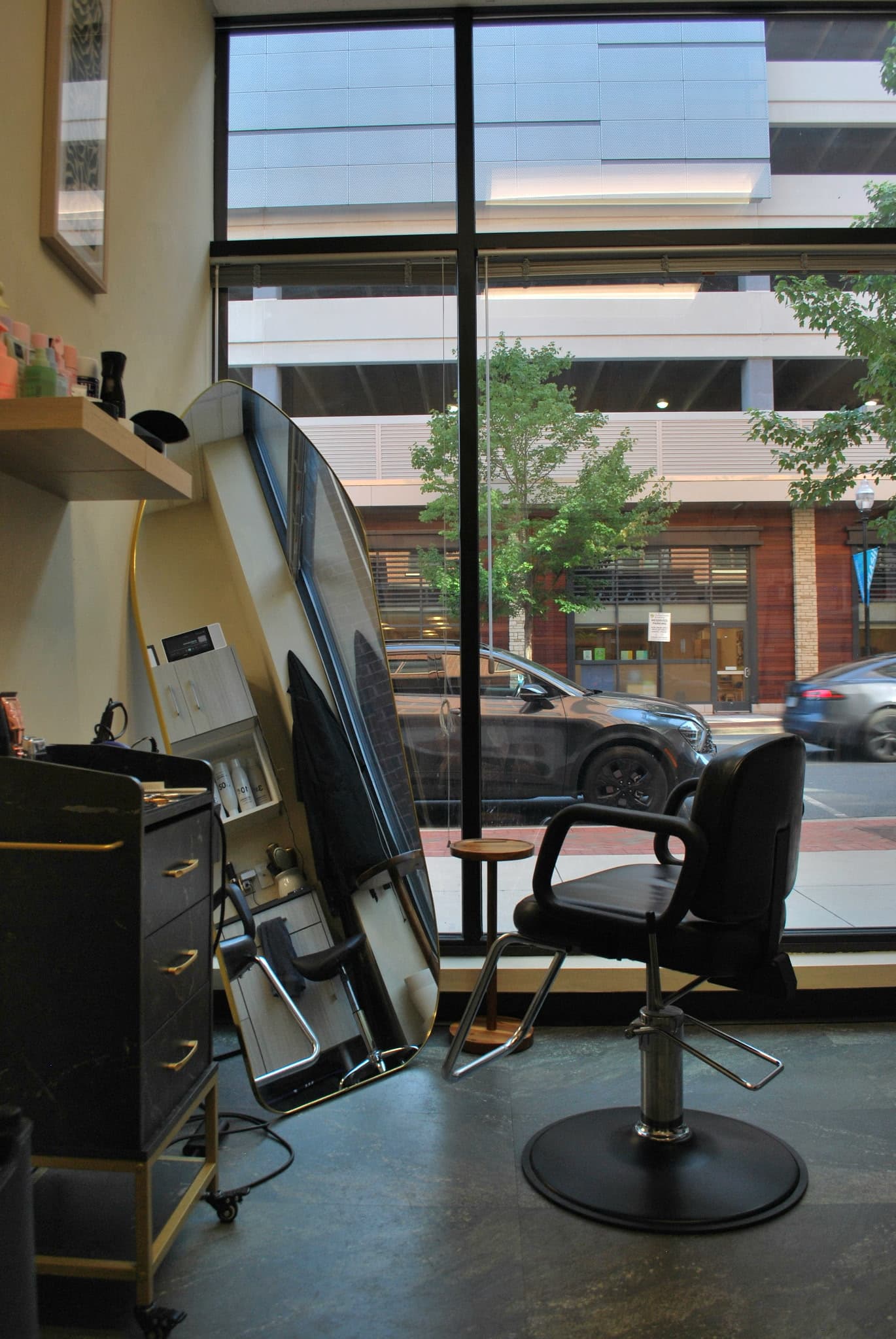 Styling chair with a view of Loudoun Station